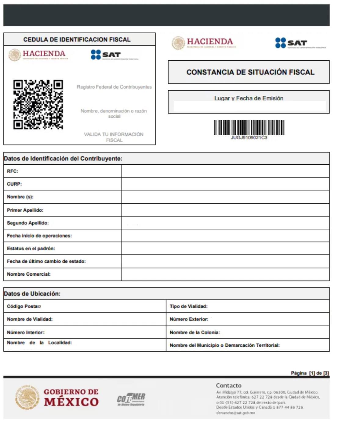 Ejemplo de constancia fiscal SAT
