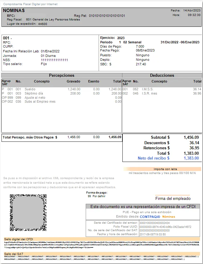 Ejemplo de CFDI de nómina