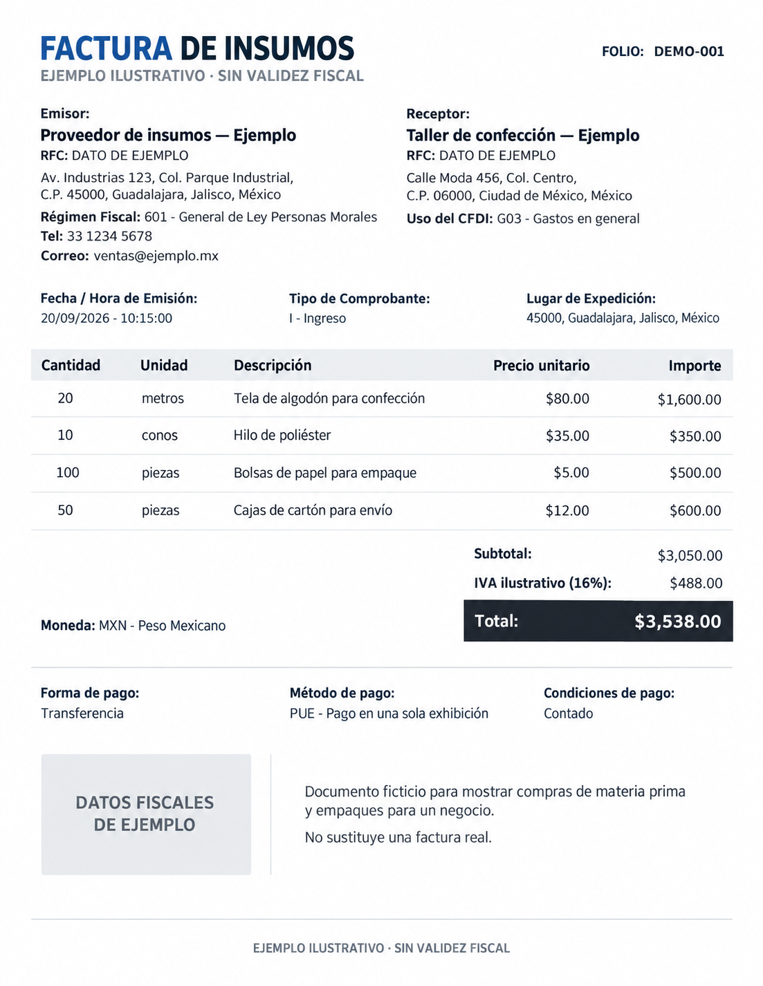 Ejemplo ilustrativo de factura de materia prima y empaques, sin validez fiscal